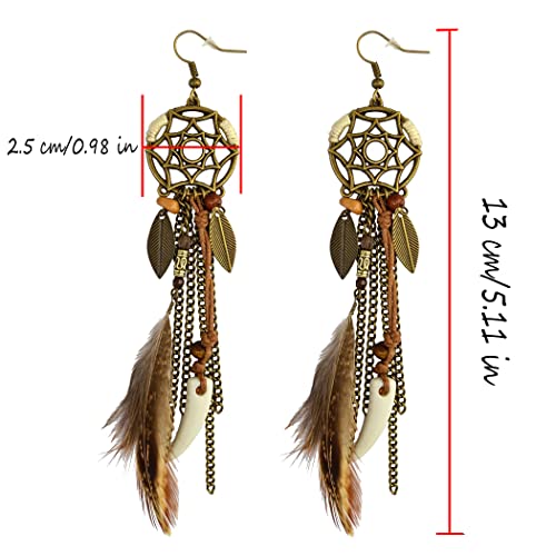 Punk Vintage Long Tassel Feather Beads Drop Wolf Tooth Pendant Earring Fish Hook Earrings (Brown A) #TOP5