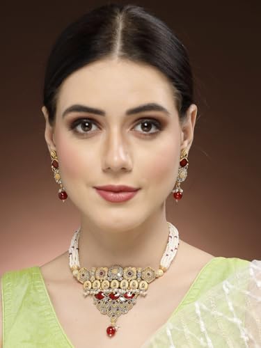 Image of Adiva Stylish Traditional Gold-Plated Kundan Stone Pearls & Beads Meenakari Handcrafted Necklace with Earrings Jewellery Set for Women & Girls