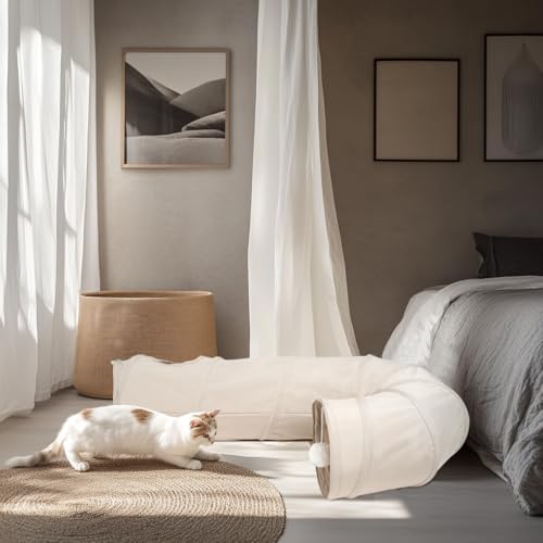 Image of Cat Tunnel, 2-Way Collapsible Cat Tube with Interactive Peek-A-Boo Hole, Toy Ball, and Rope Ideal for Indoor Cats, Kittens, and Rabbits, Beige