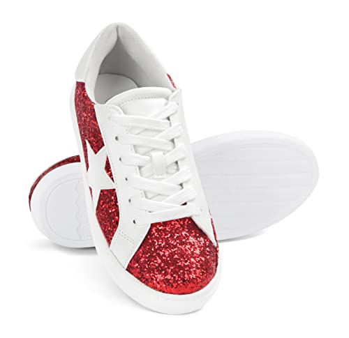 Image of PARTY Women's Fashion Sneaker Lace Up Low Top Comfortable Cushioned Walking Shoes,Podcast,RED Glitter,10
