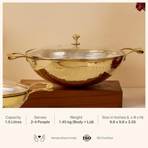 P-TAL Brass Kadhai 1.5L with Insulated Heat-Resistant Handle and Glass Lid | 100% Pure Brass Tin Coated Kadai for Cooking | Non-Stick and Chemical-Free (Glass Lid 1.5 Litre)
