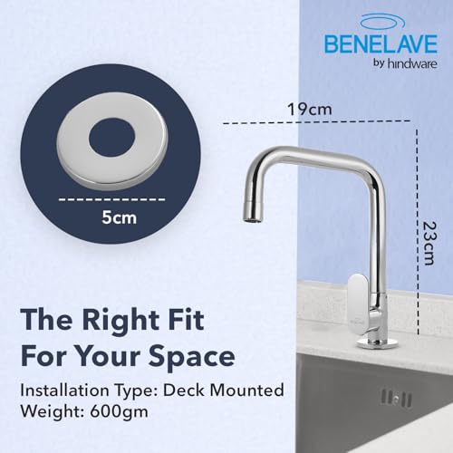Image of Benelave by Hindware Sink Tap with Raised J-Spout for Kitchen | Made of Brass | Mirror-Like Chrome Polish Finish | Better Reach | Deck Mount Installation | Volga Range | 7-Year Manufacturer Warranty