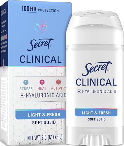 Secret Clinical Strength 100HR Sweat & Odor, Soft Solid Antiperspirant Deodorant for Women, 3X Stress Protection with Hyaluronic Acid, PH Balancing Minerals, Light & Fresh Scent, 2.6 oz