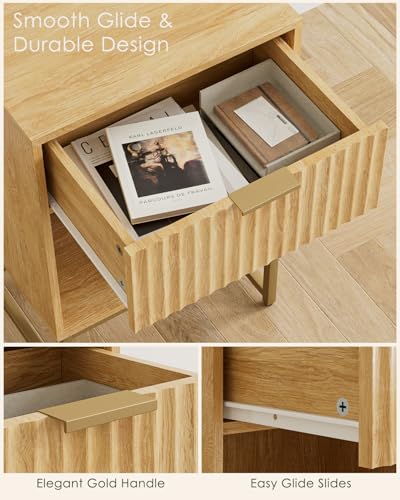 Image of Masupu Fluted Nightstand,Modern Night Stand Wood Bedside Table with Storage Drawer Side End Table for Bedroom,Office,Oak