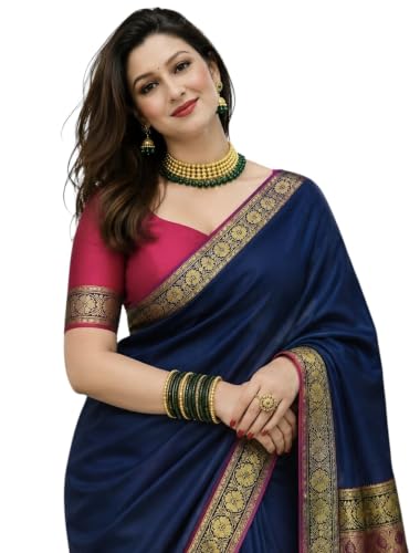 Image of Women's Glory Banarasi Satin Silk Saree with Rich Zari Woven Border & Pallu | Soft Glossy Party Fancy Traditional Saree for Wedding, Festive, Function | Blouse Piece Included