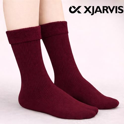 Image of XJARVIS Women Winter 5 Pairs Reguler Length Thumb Socks Woolen Super Thick Thermal, Ultra Warm Velvet Snow Crew Socks for Cold Weather, Hiking & Outdoor - Free Size