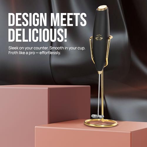 Image of Zulay Kitchen Powerful Milk Frother Wand With Duracell Batteries - Ultra Fast Handheld Drink Mixer - Electric Whisk Foam Maker for Coffee, Lattes, Cappuccino & Matcha - Z1 Motor - Exec Black Gold