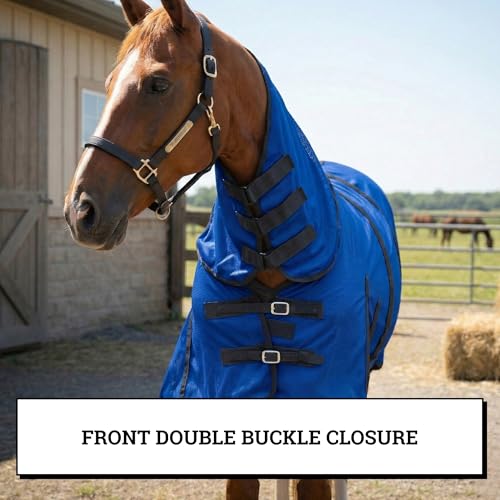 Image of Horse Fly Sheet with Attached Neck Cover & Tail Flap | UV Protection Mesh Horse Blanket, Full Body Bug & Sun Shield, Buckles, Belly Wrap & Gussets for Spring Summer Riding Rug (Royal Blue, 76 inch)