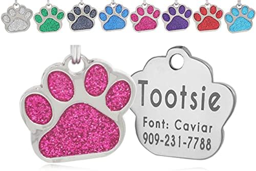 io tags Pet ID Tags, Personalized Dog Tags and Cat Tags, Custom Engraved, Easy to Read, Cute Glitter Paw Pet Tag (Pink)