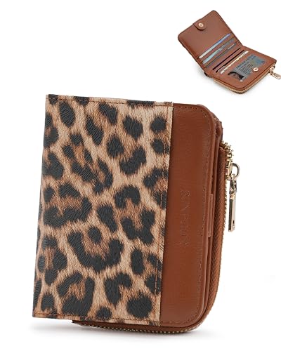 Image of Small Bifold Wallets Woman RFID Mini Wallet for Women Slim Card Holder with Zipper Coin Pocket & 2 ID Windows (Leopard)
