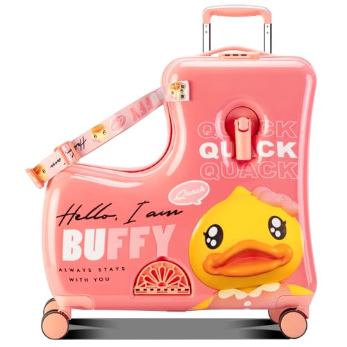 Kids' Lightweight Ride on Luggage with Spinner Wheels & Foldabe Design (Pink Duck, 24