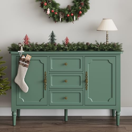 Image of FansaFurn Green Storage Cabinet, Mid-Century Buffet Cabinet with 2 Doors & 3 Drawers, Accent Sideboard Cabinet with Adjustable Shelves & Turned Legs, Great for Entryway, Living Room, Dining Room