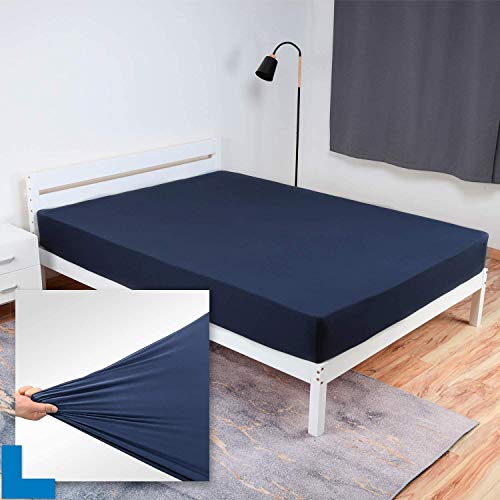 Family Bedding Double Sheet Fitted - Fitted Sheets Double Deep Fit - Soft Jersey 100% Cotton 4 Way Stretch Navy Bedding - Shrinkage and Fade Resistant. (Double (140x200cm), Navy Blue).