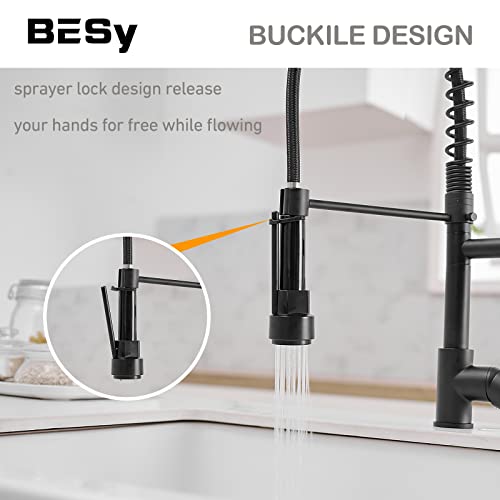 Besy 20 Inch Black Kitchen Faucet With Pull Down Sprayer, Dual Morden Commercial Rv Single Handle Single Hole Double Spout Led Spring Kitchen Sink Faucet With Pot Filler, Matte Black, Brass #TOP5