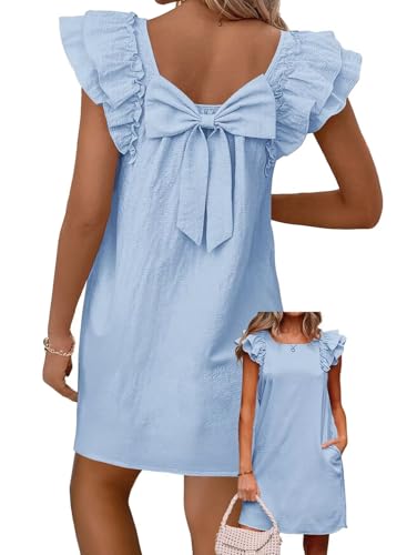 Image of Falechay Womens Summer Dresses Bow Tie Back Sundresses for Women Ruffle Short Sleeve Dress Casual Cute Sundress with Pockets