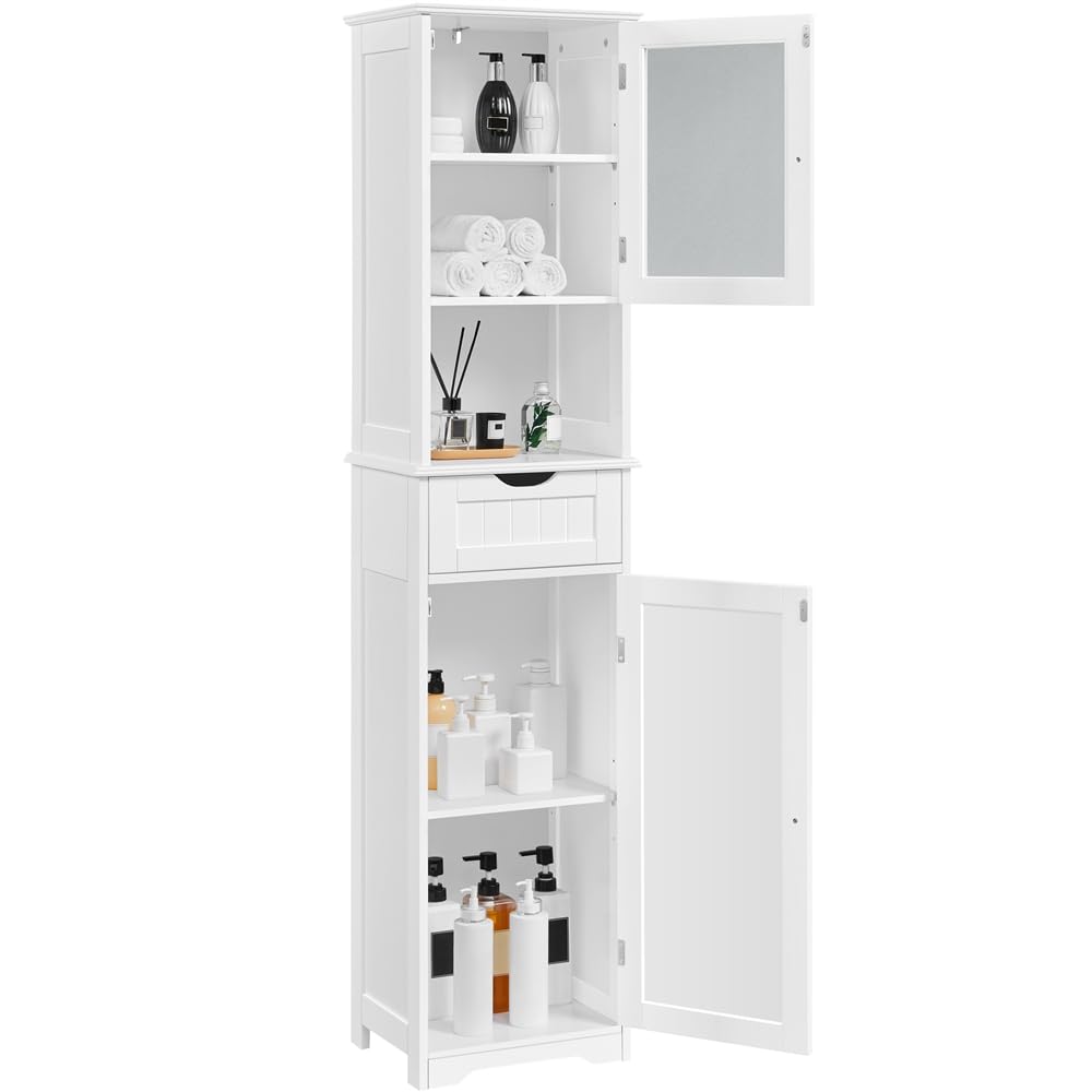 Yaheetech Armario Baño Mueble Auxiliar de Baño Armario de Cocina con Puerta de Cristal Armario Estrecho 40x30x170 cm Blanco