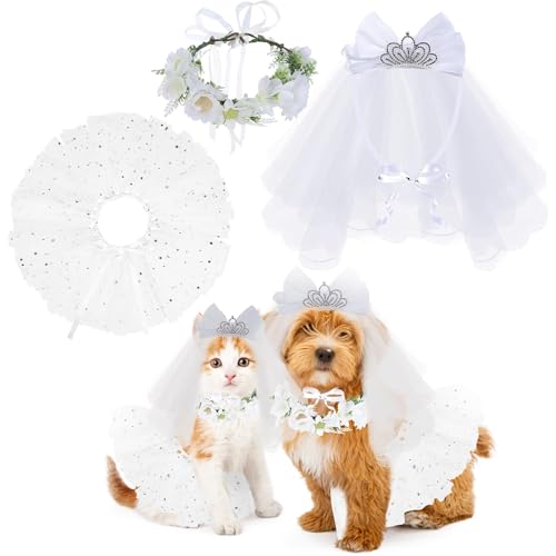 BINGPET Dog Wedding Outfit Dress,Doggy Cat Tutu Skirt with Dog Wedding Flower Collar and Crown Veil Set,Puppy Kitty Birthday Party Supplies,Dog Wedding Attire Bride Costume for Small Medium Dogs Cats