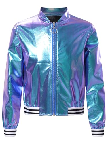 Miutii Chaqueta metálica para niñas, chaqueta bomber brillante, sudadera holográfica, parte superior brillante, jazz, hip hop, carnaval, discoteca, disfraz de baile, 170-176
