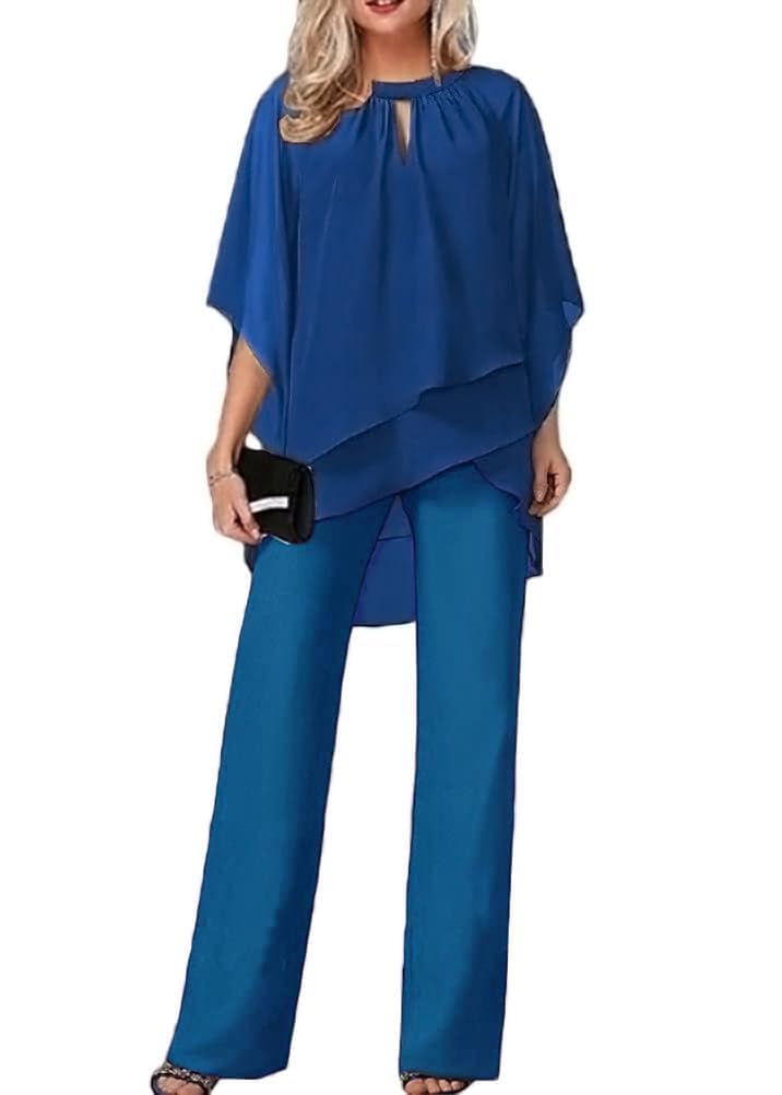 Generisch Tuta da donna in tulle, set da due pezzi, con camicia in chiffon e vita alta, elegante, vintage, 2 pezzi, per cocktail, feste, feste, pantaloni da donna in seta