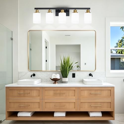 Image of Bathroom Vanity Light 5-Light Vanity Lighting Black and Gold 30in | White Frosted Ribbed Glass Shade Black and Gold Wall Light Fixture Bathroom Light Fixtures with for Mirror Restroom E26 Base