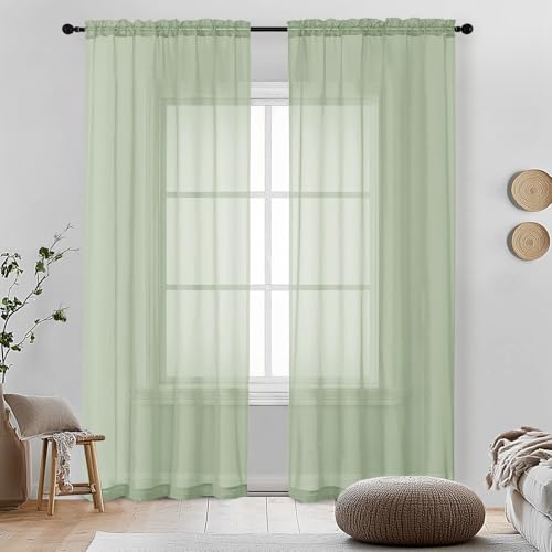 Image of OVZME Light Green Sheer Curtains 84 Inches Long 2 Panels - Soft Light Filtering Window Sheer Panels for Living Room /Bedroom, Top Dual Rod Pocket, 1 Pair, Each 42Wx84L Inches