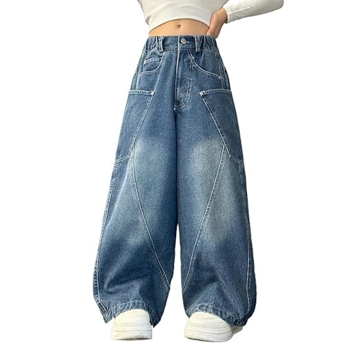 Girls Baggy Jeans Kids Elastic High Waisted Wide Leg Denim Pants Casual Y2K Trousers with Pockets 5-16 Years