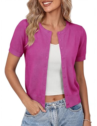 Image of GRACE KARIN Women Short Sleeve Cardigan, 2026 Summer Knitted Sweater Tops, Basic Crew Neck Crop Outfits