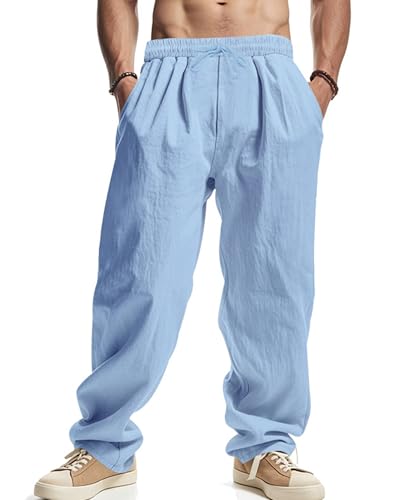 Men's Linen Casual Pants Beach Vacation Elastic Waist Drawstring Pants Loose Summer Lightweight Yoga Trousers