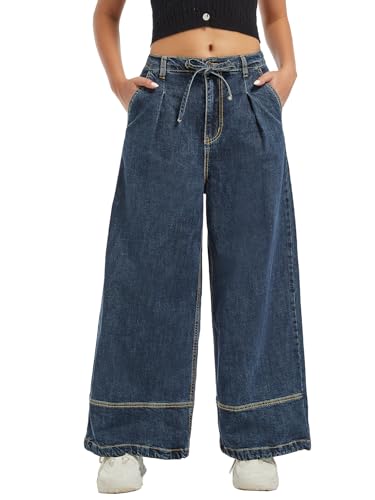 High Waisted Tummy Control Wide Leg Pants Loose Fit Drawstring Stretchy Denim Elastic Waist Casual Straight Leg Jeans