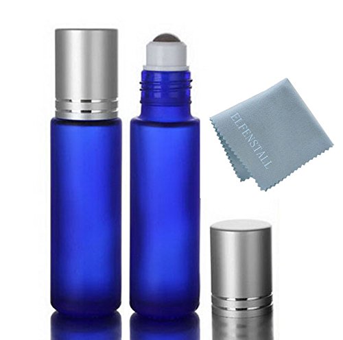 Simple-e- 6pcs 10ml (1/3oz) Frosted Cobalt Blue Roll on Glass Stainless Steel Roller Ball Essential Oils Bottle Perfume Heavy Thick Glass Bottles Glass Clean Cloth
