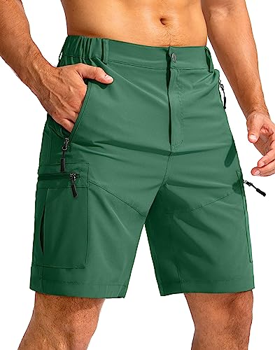 Pudolla Men's Hiking Cargo Shorts 9' Lightweight Outdoor Work Shorts for Men Travel Golf Camping Casual with 5 Zipper Pockets(Green Large)