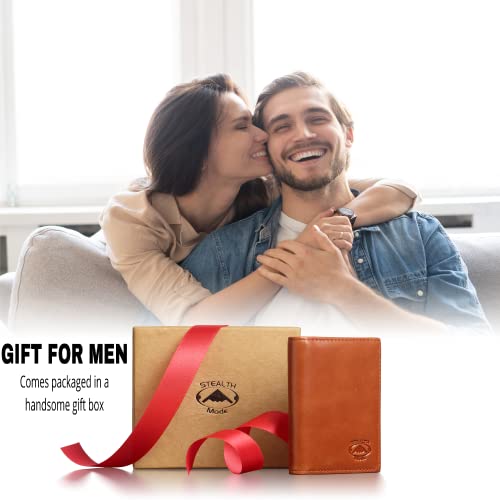 Image of Stealth Mode Men's Slim Front Pocket Wallet - RFID Blocking, Thin Minimalist Bifold Design, Genuine Leather - ID Badge Window and 5 Sleeves for Money, Credit and Debit Cards, Driver's License - Brown