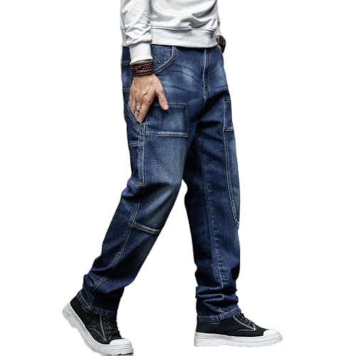 Mens Loose Fit Washed Jeans Vintage Straight Leg Denim Pants with Flap Pocket 28-44