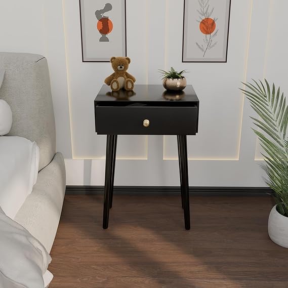 Image of End Table with Storage Rack Wooden Nightstand Bedside Table Storage Bookcase Nightstand Side End Table Living & Bed Rooms (Full Black)