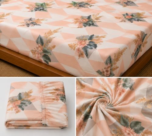 Image of Fitted Bedsheet Peach Floral Chevron Print Glace Cotton 210 TC | Full Single Size for Single Bed Fits 4 x 6.25 ft Mattress (48 x 75 Inch) | All Around Elastic | 2 Pillow Covers | 7 Inch Deep Pocket