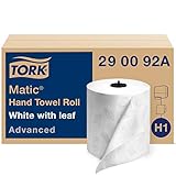 Tork Matic Hand Towel Roll, White With Gray Leaf, Advanced, H1, 100% Recycled Fiber, High Absorbency, Medium Capacity, 2-Ply, 6 Rolls x 525 ft - 290092A