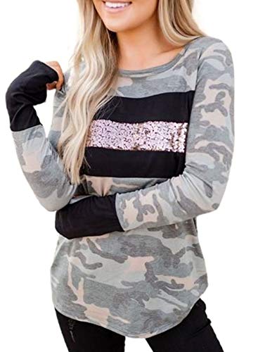 GOSOPIN Women Tie Dye Sequin Crewneck Pullover Long Sleeve Color Block Sweatshirts Medium Camo Green