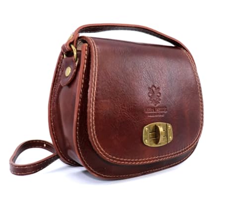 LeahWard Leather Crossbody Saddle Bag with Brass Lock, Leather Crossbody Bag (Brown)