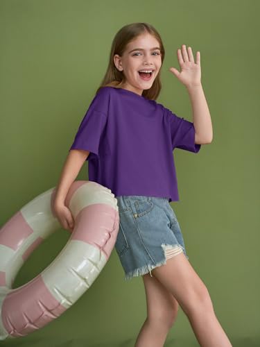 Image of Girls Athletic Oversized Crop Tops Kids Drop Shoulder Short Sleeve T Shirts Workout Tees 5-14 Years