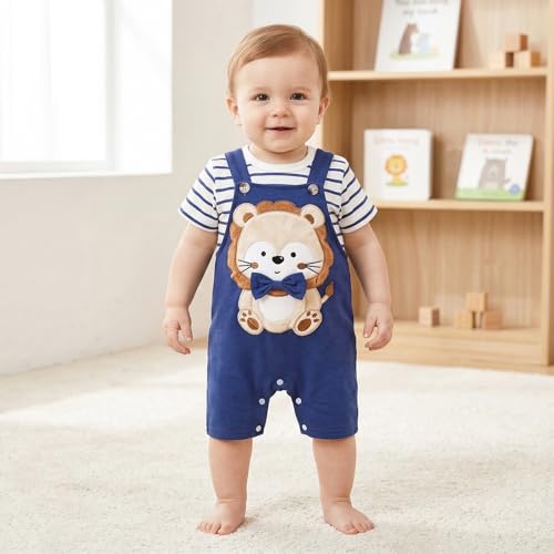 Image of Baby Boy Clothes Striped Romper Cartoon Overall Set 0-18M | Soft Breathable Cotton Romper And Animal Cartoon Overall Shorts Set Offering All-Day Comfort, Daily Wear, Machine Washable