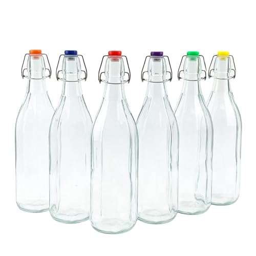 Lucente 1L Vintage Style Clear Octagonal Shaped Bottles with Assorted Colour Swing Top Lids