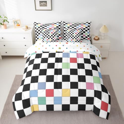 Image of Erosebridal Black White Checkered Kids Bedding Set King 7 Piece Colorful Checkerboard Grid Comforter Set with Sheets Funky Buffalo Plaid Bed in A Bag for Boys Girls Teen Groovy Gingham Bed Set