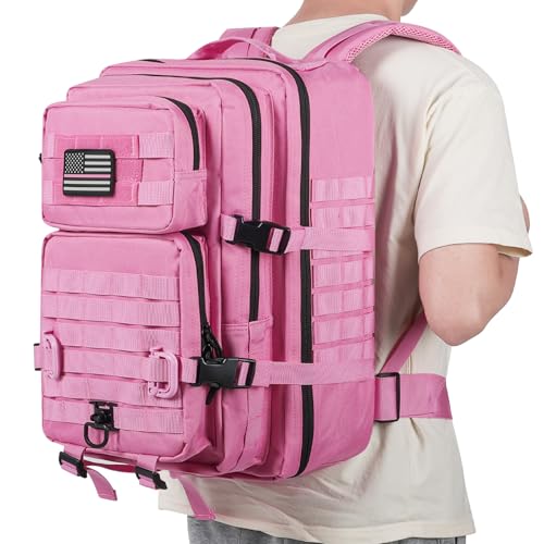 Image of Hannibal Tactical MOLLE Assault Backpack, Tactical Backpack Military Army Camping Rucksack, 3-Day Pack Trip w /USA Flag Patch, D-Rings, Pink