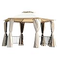 Outsunny 13' x 13' Patio Gazebo, Double Roof Hexagon Outdoor Gazebo Canopy Shelterwith Netting & Curtains, Solid Steel Frame for Garden, Lawn, Backyard and Deck, Beige