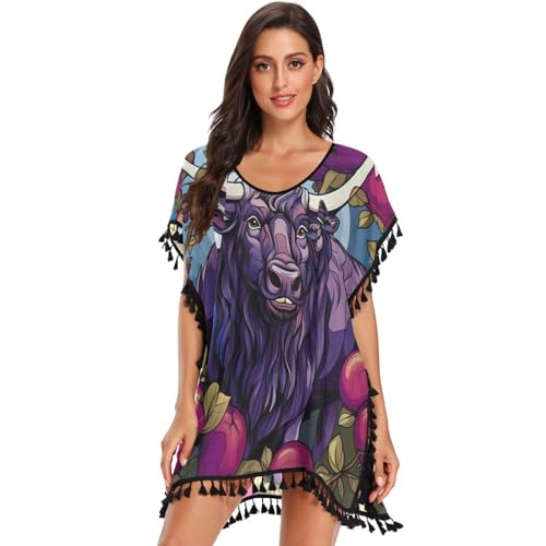 Cartoon Purple Cow Fruit Women's Beach Cover Up Chiffon Tassel Swimwear Swimsuit Coverups for Girl