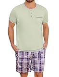 Uniexcosm Pijama Corto de Hombre,Algodón Verano Conjunto de Pijama 2 Piezas Manga Corta con Bolsillos Y Pantalón a Ligero Cuadros Suave Y Cómodo Ropa de Casa Hombre,Z-Beige,L