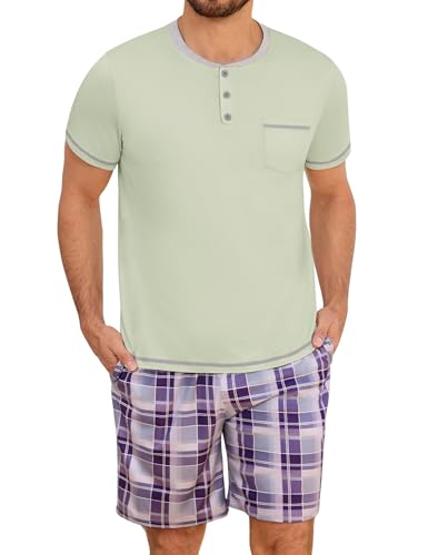 Uniexcosm Schlafanzug Herren kurz aus Baumwolle Zweiteiler Sommer Pyjama Herren kurz mit Kurzarm Rundhals Knöpfen und Karierten Shorts B-Beige XXL