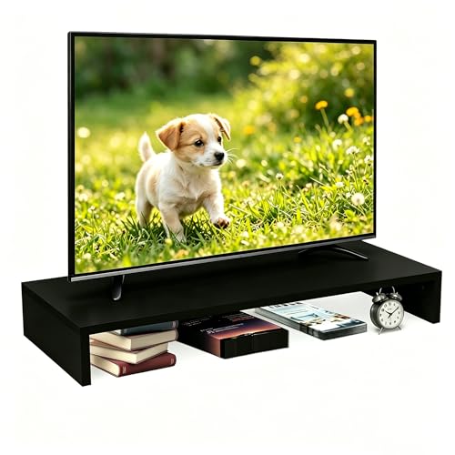 Support TV avec rehausseur pour PC, brillant, idéal pour rehausser la télévision et organiser le bureau, noir : 90 x 30 x 15 cm