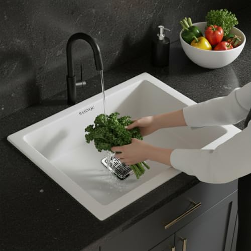 Image of BASINQU Quartz Sink for Kitchen | 21x18x9 Inches Quartz Kitchen Sink White | Granite Sink For Kitchen Basin UV Protected, Granite Scratch Resistant, Undermount /Topmount Sinks