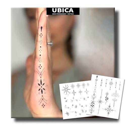 UBICA Semi Permanent Tattoo For Women, 2 Weeks Realistic Henna Small Micro Hand Temporary Fake Tattoos For Adult Finger Hand Neck, Waterproof and Non-Reflective, Tiny Tattoos for Party Gift, 2 Sheets
